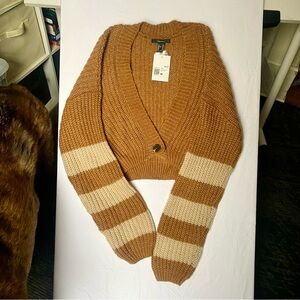 Forever 21 Cropped V-Neck Knit Cardigan Sweater in Brown & Cream Stripes Size M
